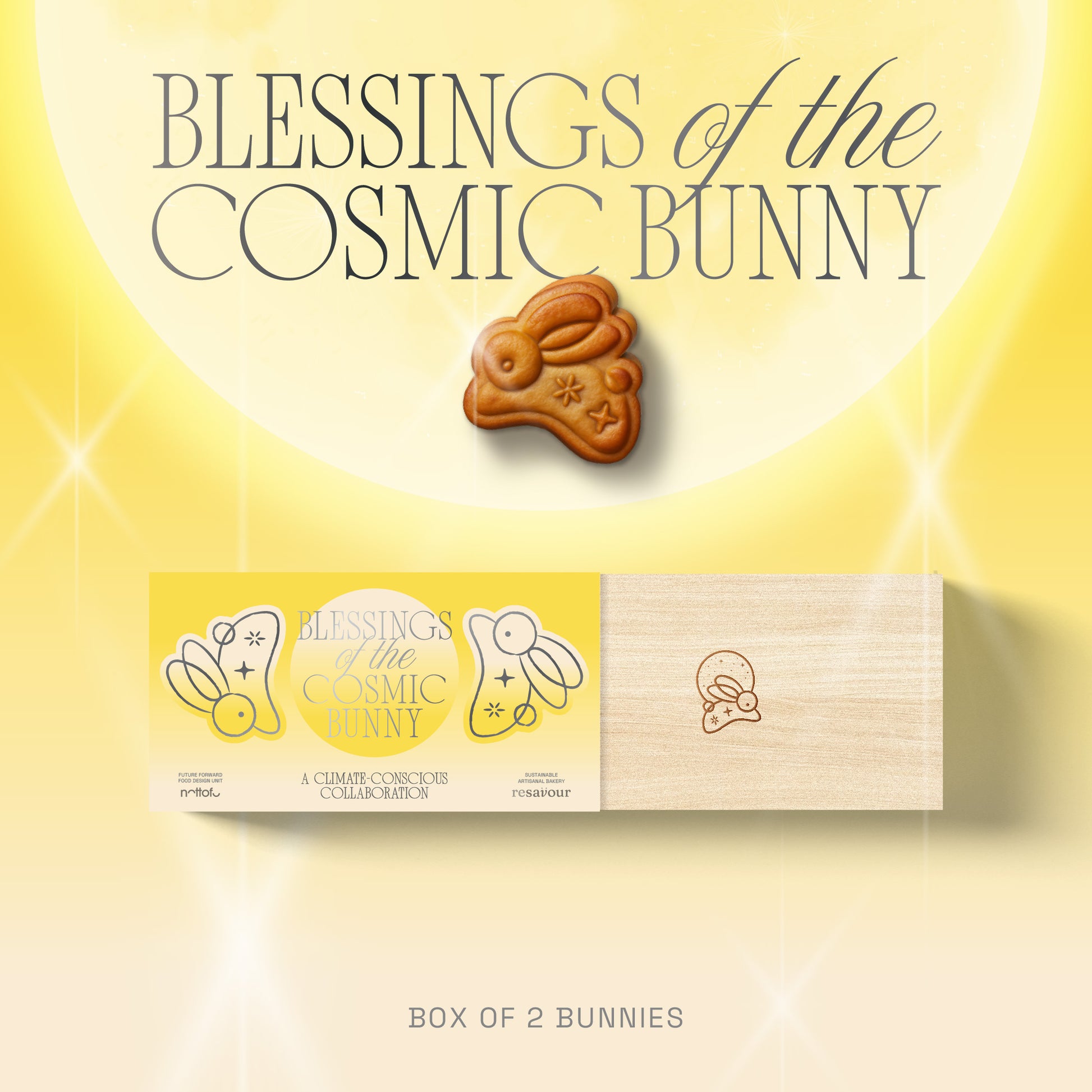 Box of 2 'Blessings of the Cosmic Bunny' with a bunny-shaped mooncake on a yellow background