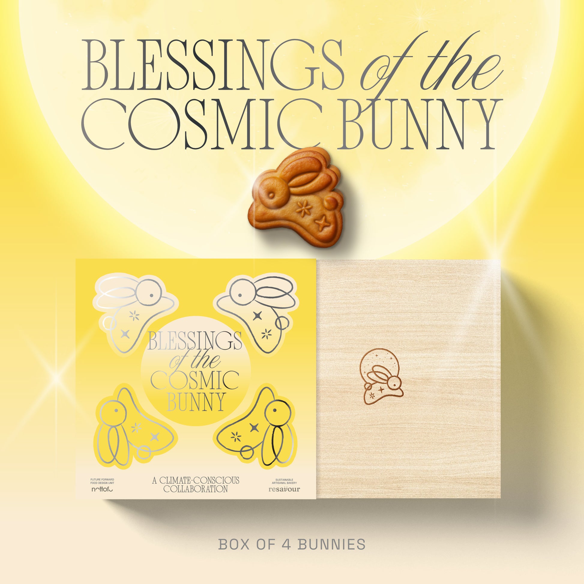 Box of 'Blessings of the Cosmic Bunny' with a small bunny mooncake on a yellow background