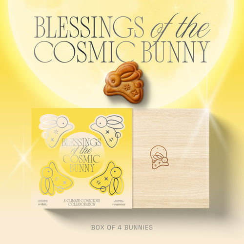 Box of 'Blessings of the Cosmic Bunny' with a small bunny mooncake on a yellow background